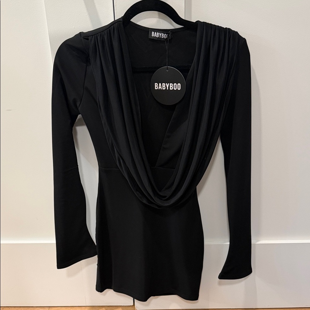 BABYBOO Black Long-Sleeve Draped Cowl Neck Dress